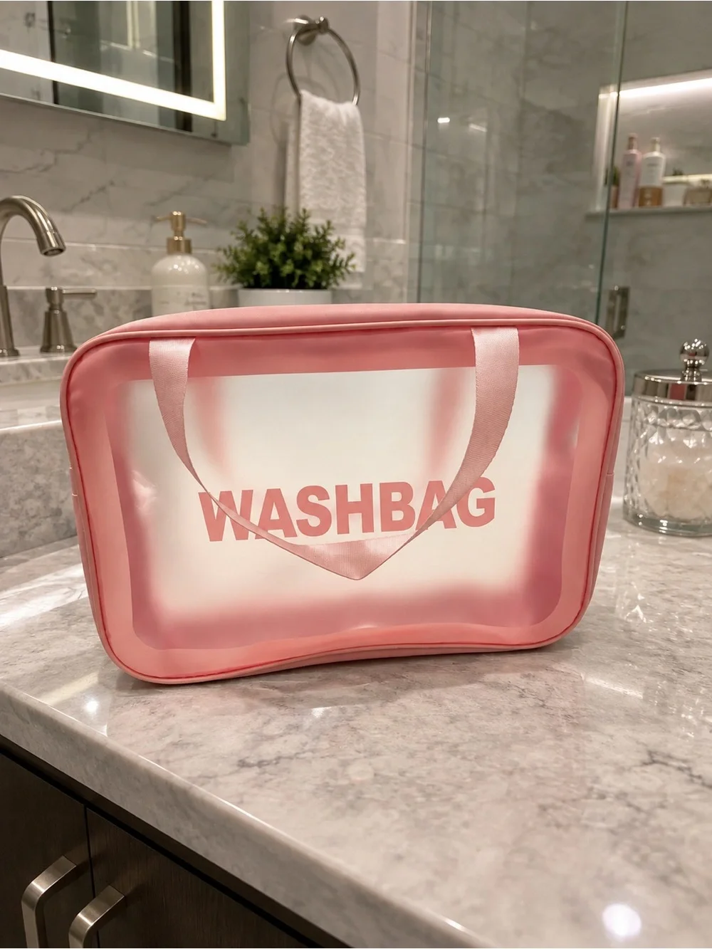 Pink Transparent Travel Washbag with Handles